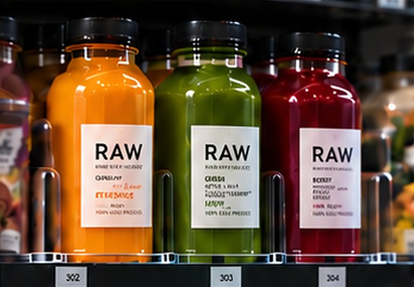 Three bottles of cold-pressed juice on a fridge shelf