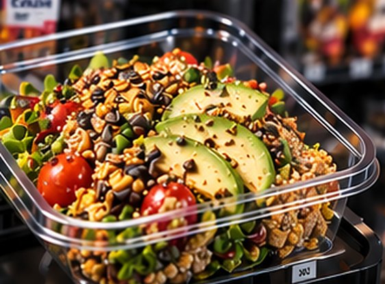 A fresh grain salad with avocado and tomato in a clear container