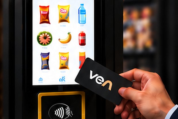 A hand tapping a ven card on the contactless reader of a vending fridge